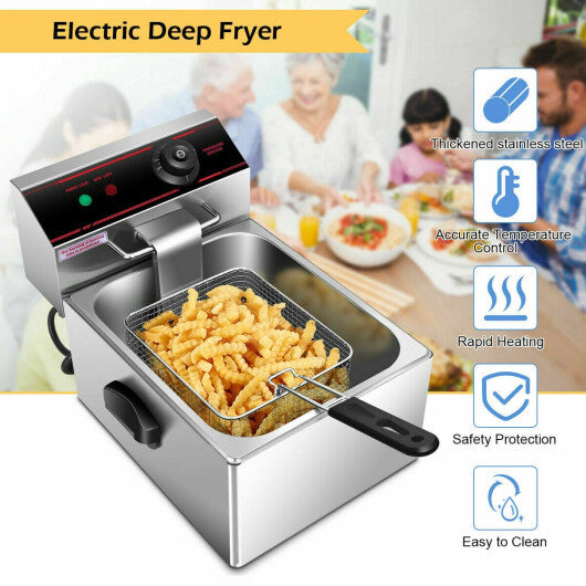 1700W Single Electric Deep Fryer with Basket Scoop Unit - Color: Silver