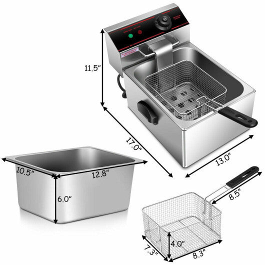 1700W Single Electric Deep Fryer with Basket Scoop Unit - Color: Silver