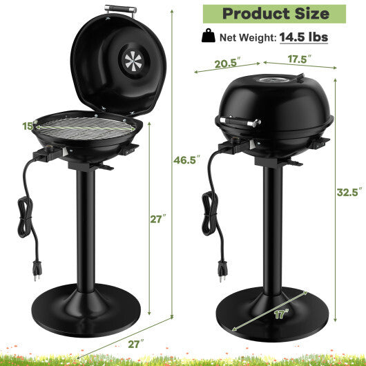 1600W Portable Electric BBQ Grill with Removable Non-Stick Rack-Black - Color: Black