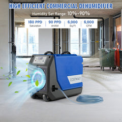 180 PPD Commercial Dehumidifier with Pump Drain Hose and Wheels-Blue