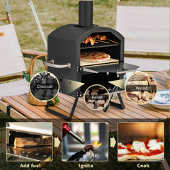 Outdoor Pizza Oven with Anti-scalding Handles and Foldable Legs-Black