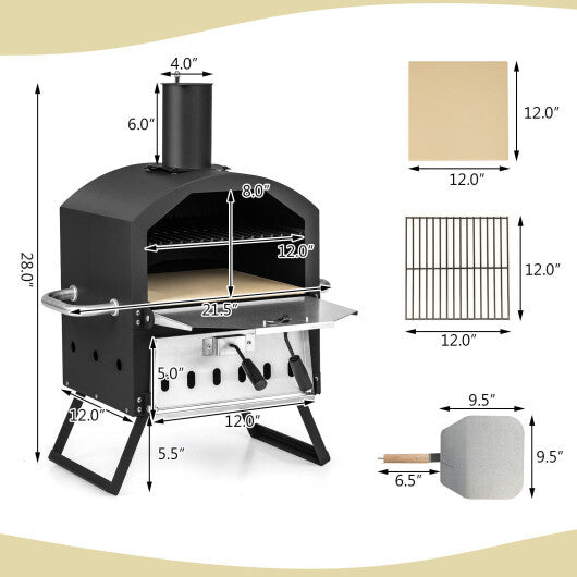 Outdoor Pizza Oven with Anti-scalding Handles and Foldable Legs-Black