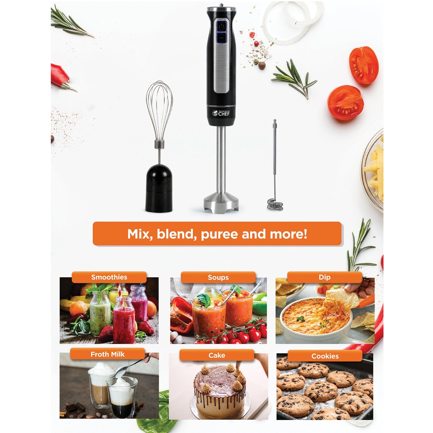 Commercial Chef CHIB50B 2-Speed 8-Variable-Speeds Multipurpose Immersion Handheld Blender with Accessories