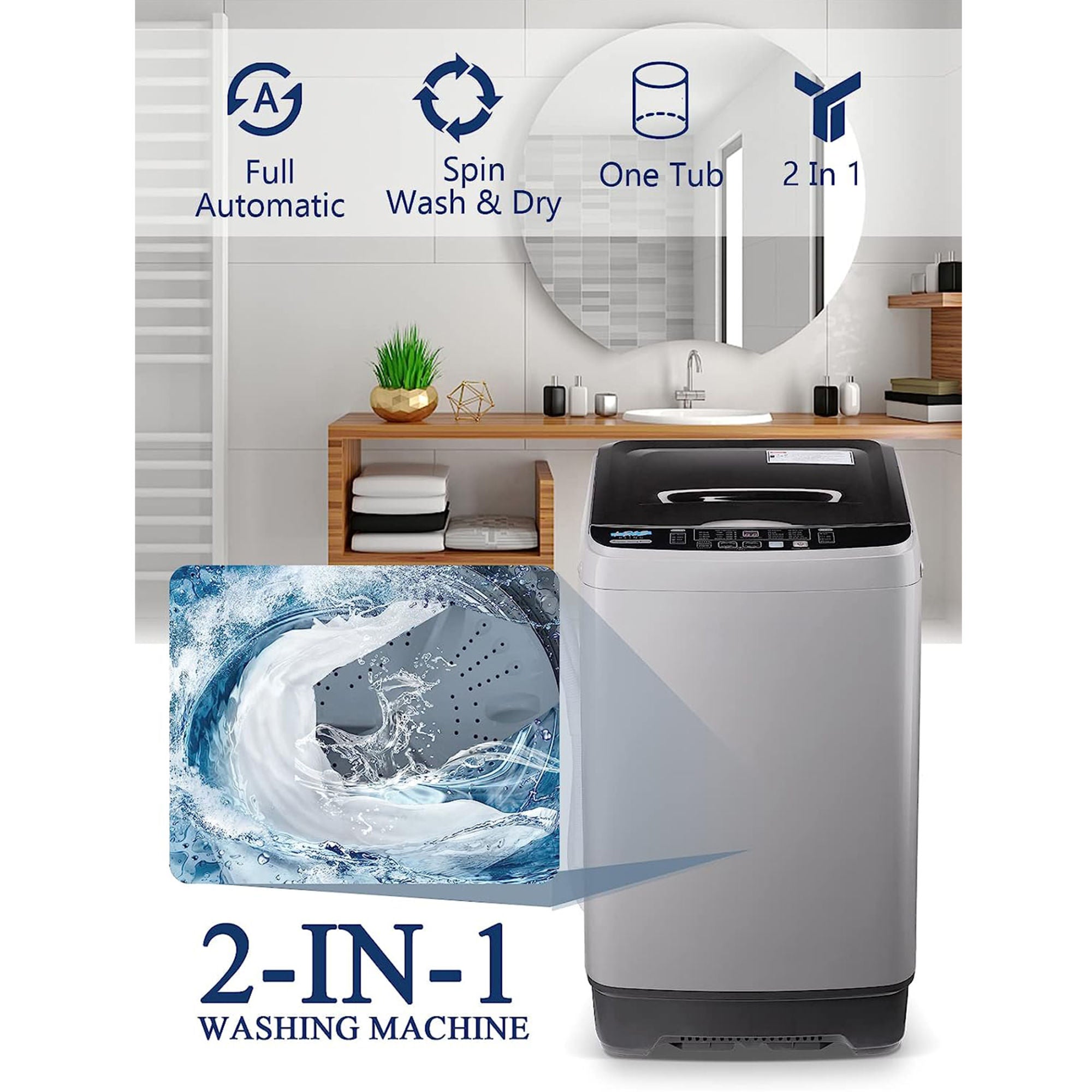 Full-Automatic Washing Machine with LED Display, 17.7 lbs Portable Compact Laundry Washer with Drain Pump, 10 Wash Programs 8 Water Levels, Grey/Gold