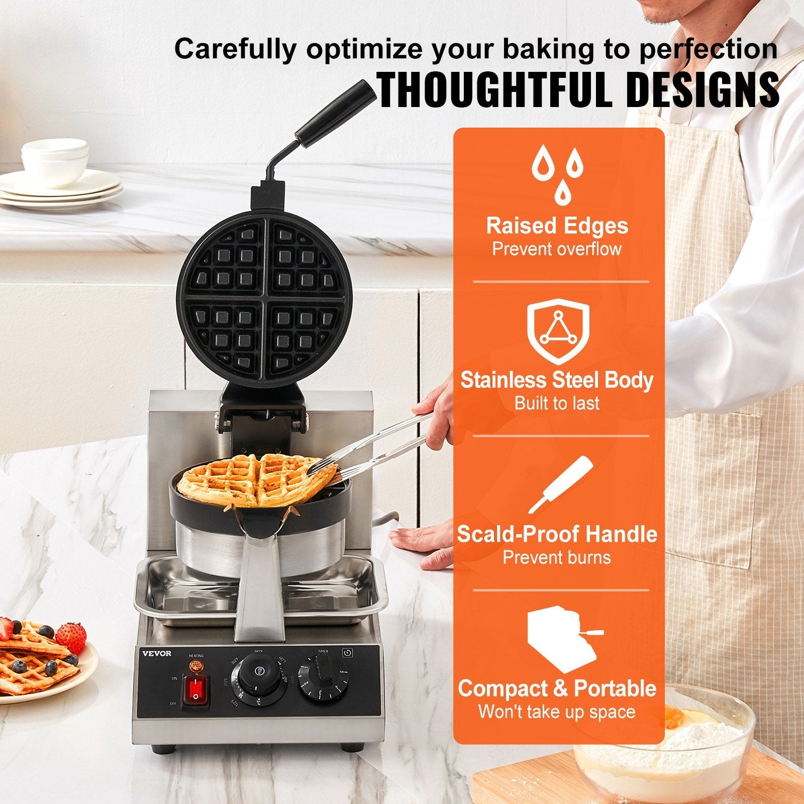 VEVOR Commerical Round Waffle Maker 1300W Rotatable Non-Stick Waffle Iron 120V