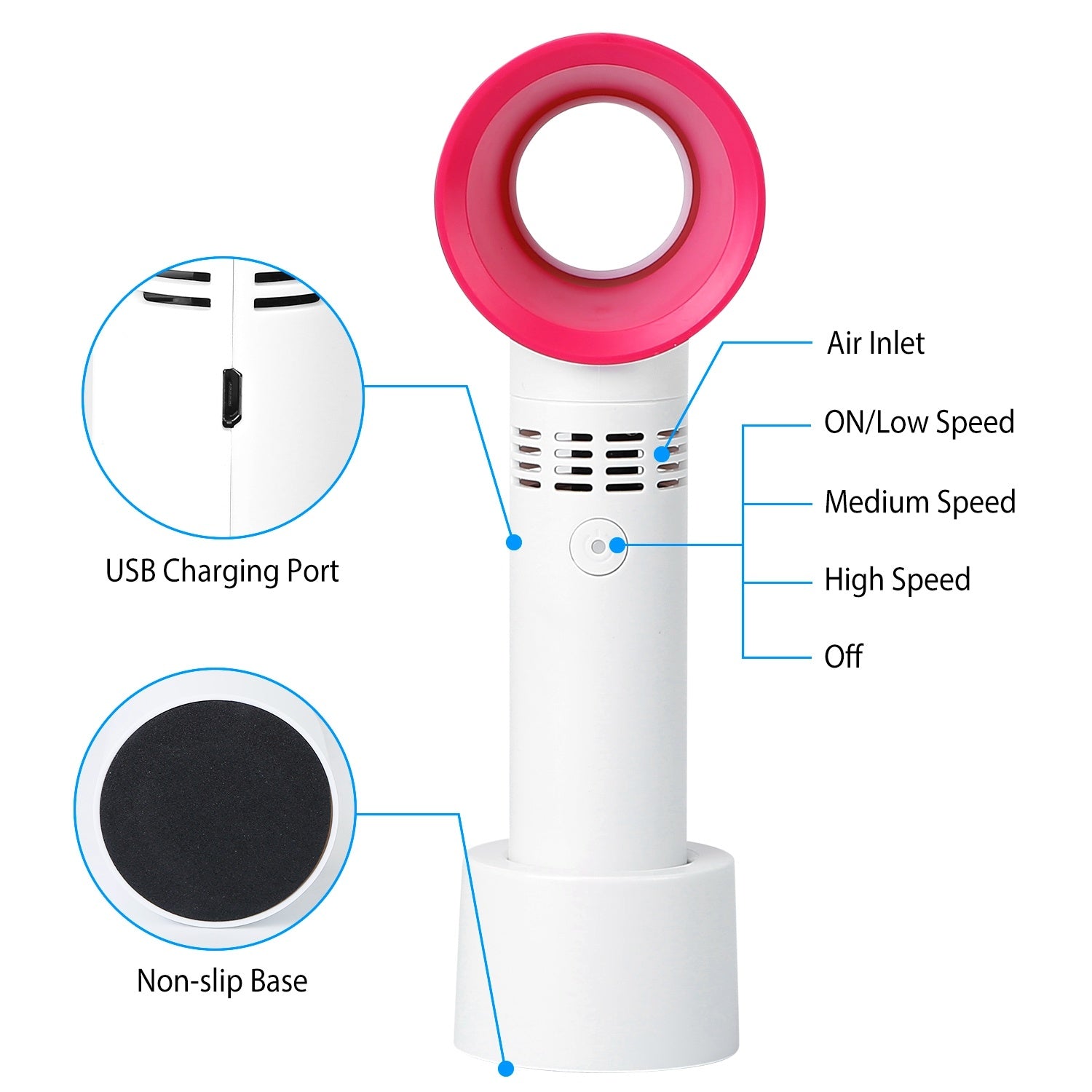 Portable Handheld Bladeless Fan Rechargeable Cooling USB Fan Desktop Use Fan w/ 3 Gears LED Indicator Cooling Fan