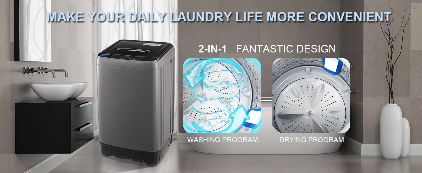 Full-Automatic Washing Machine with LED Display, 17.7 lbs Portable Compact Laundry Washer with Drain Pump, 10 Wash Programs 8 Water Levels, Grey/Gold