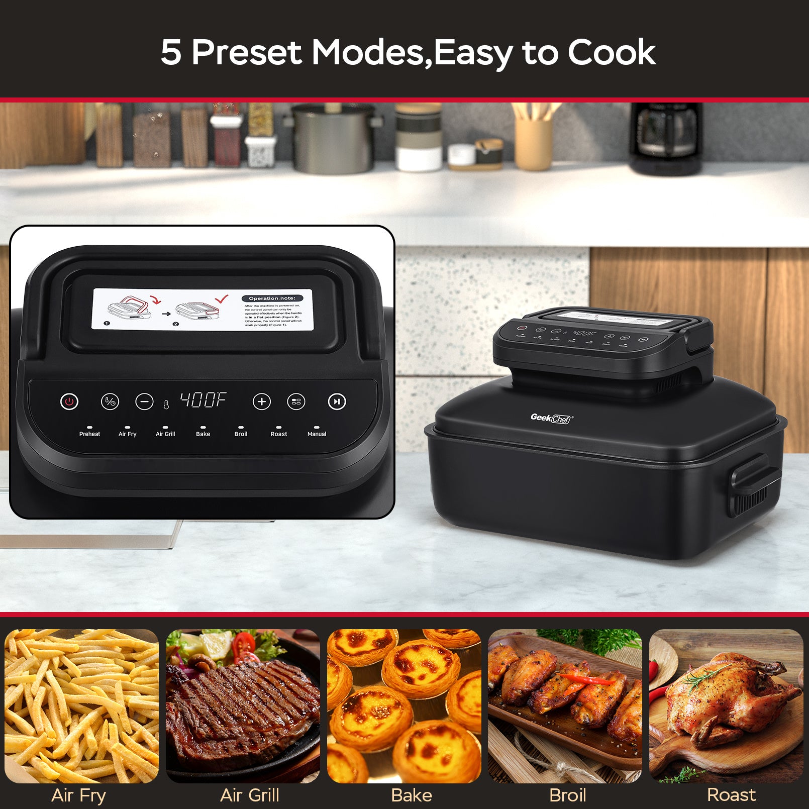 Geek Chef 7 In 1 Smokeless Electric Indoor Grill with Air Fry, Roast, Bake, Portable 2 in 1 Indoor Tabletop Grill & Griddle with Preset Function, Removable Non-Stick Plate, Air Fryer Basket, 6-Serving