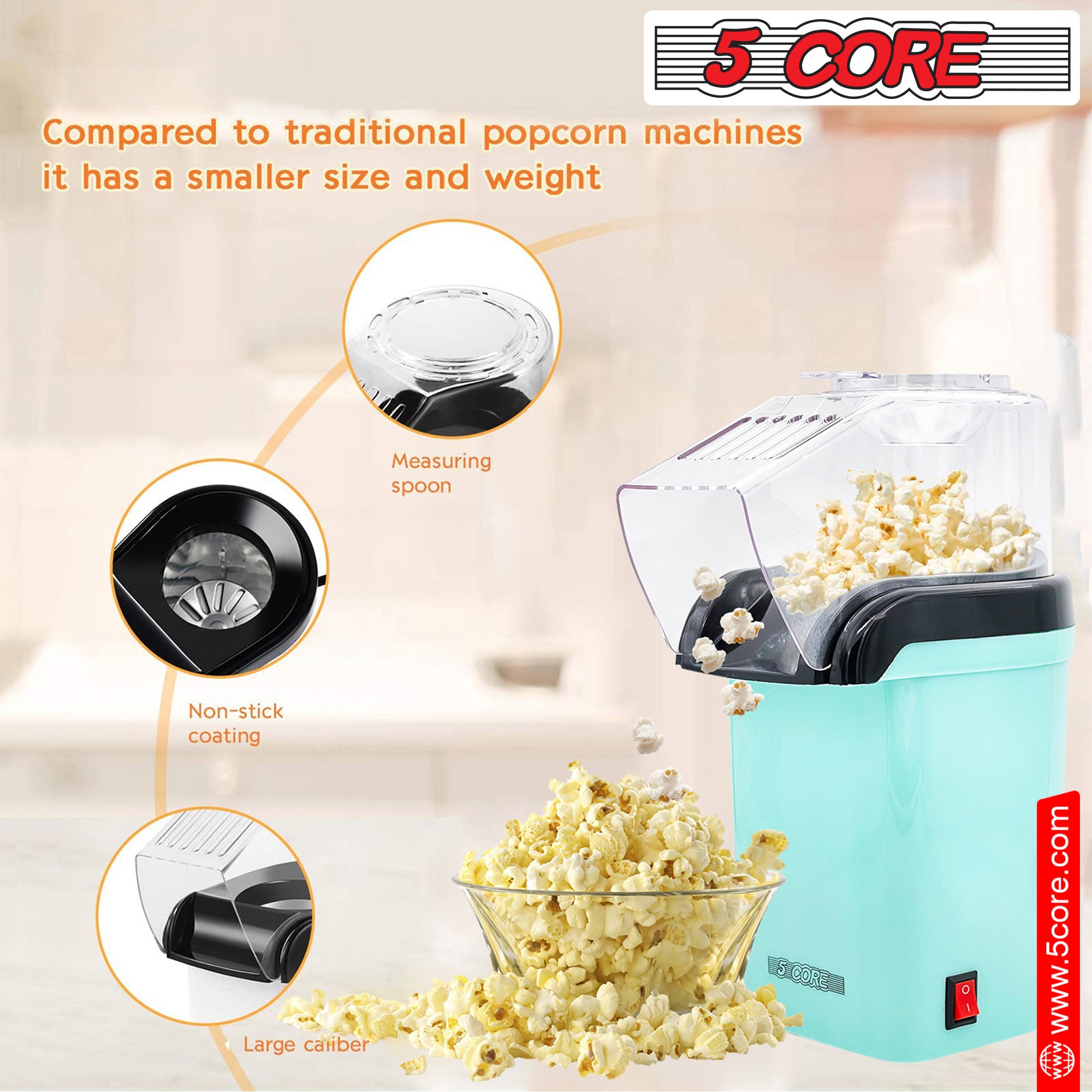 5 Core Popcorn Machine 16 Cup Capacity Hot Air Popper Mini Portable Tabletop Electric Pop Corn Maker Maquina Para Hacer Palomitas De Maiz For Home Movie Party