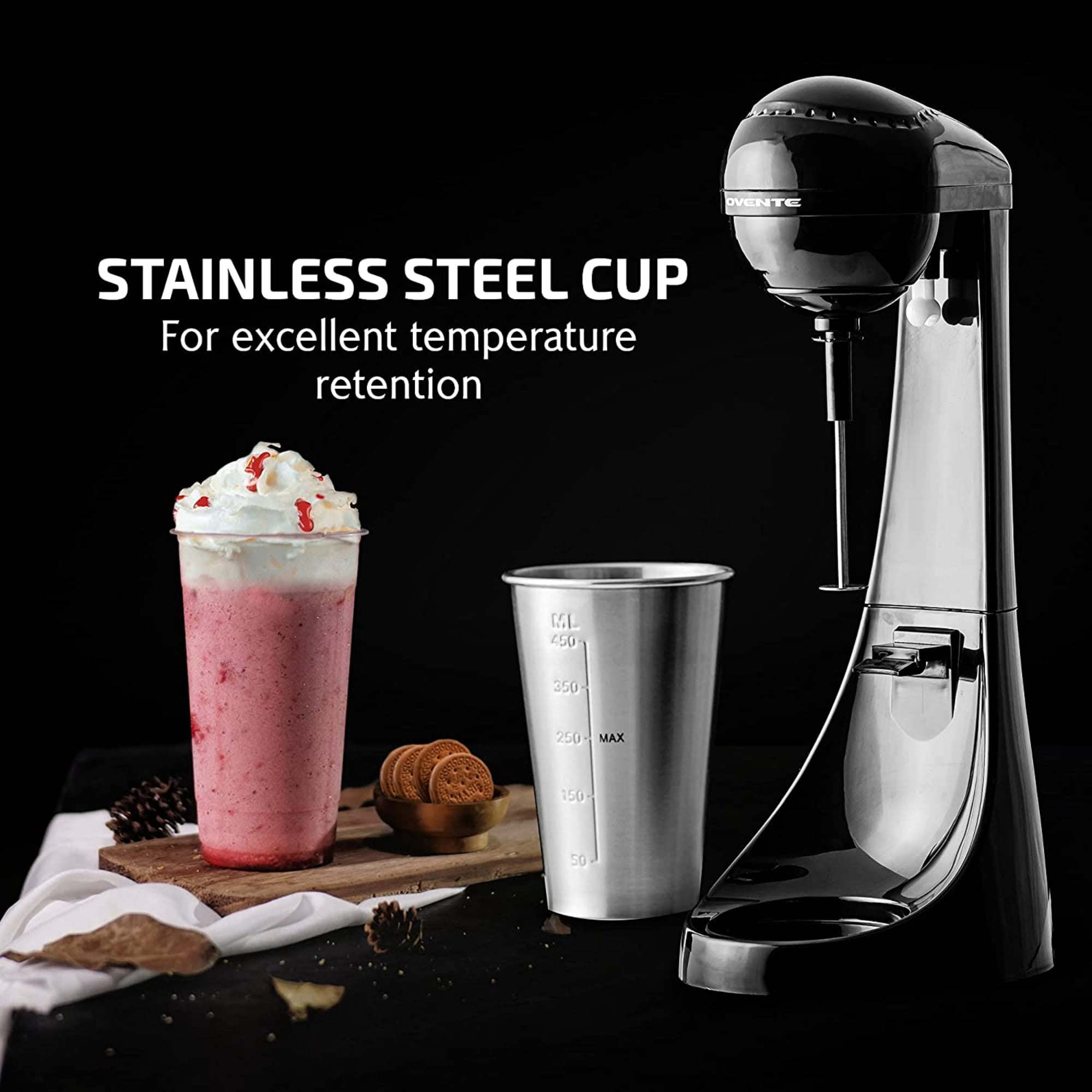 Ovente Classic Milkshake Maker Machine 2 Speed with 15.2 oz Stainless Steel Mixing Cup Compact & Easy Clean Drink Mixer Blender for Malted Milk ,Soft Ice Cream, and Protein Shakes, Black MS2070B