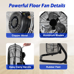 12in Floor Fan Copper Motor High-Velocity Industrial Fan with 3 Adjustable Speeds 180 Degree Tilt Head Easy Carry Handle Fan