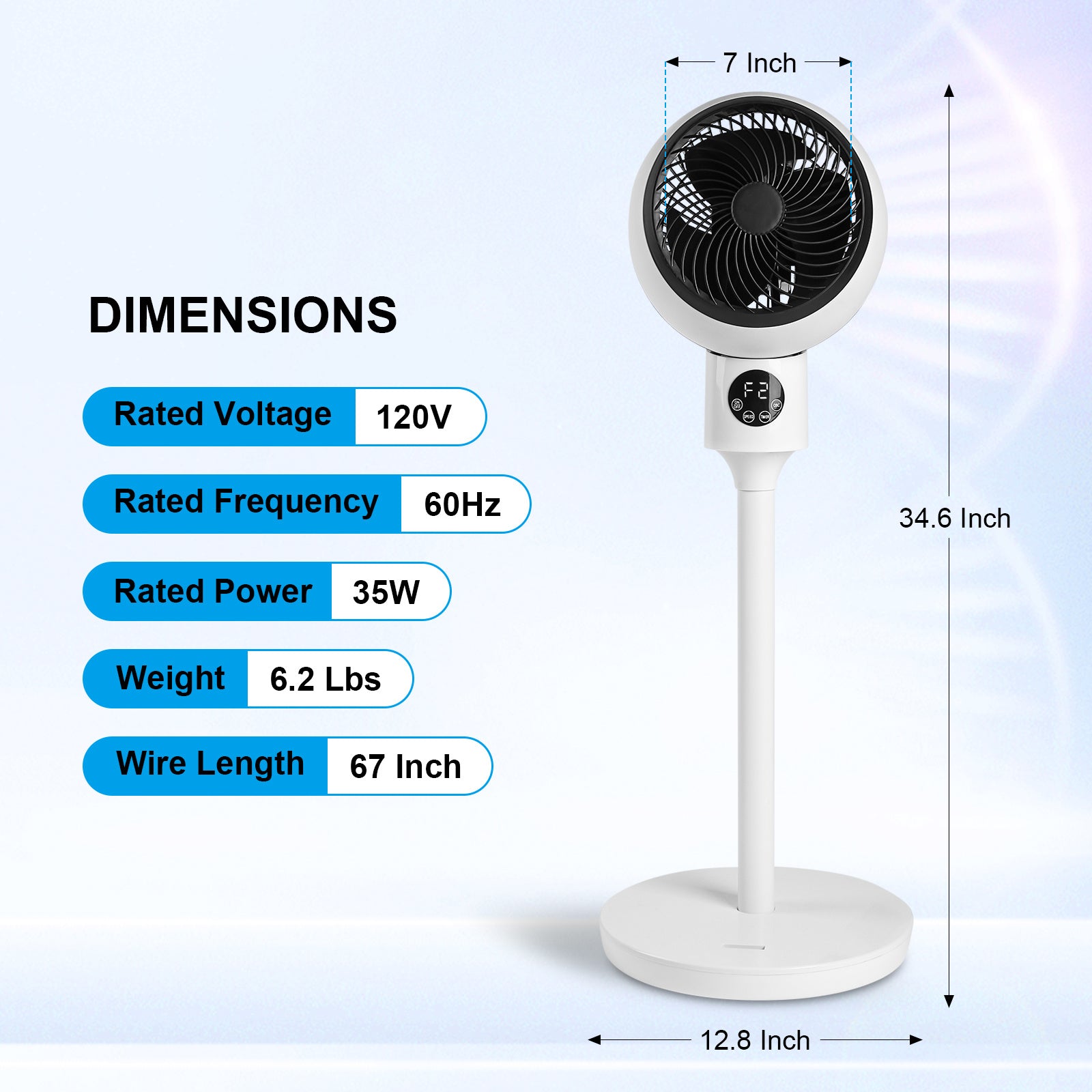 Circulating Stand Fan for Home Bedroom with Remote, Standing Fans Ocillation 70°, Pedestal Fan 3 Speeds,3 Modes,15Hour Timing, LED Display, for Indoor, Bedroom and Home Office, 7 Inch,White