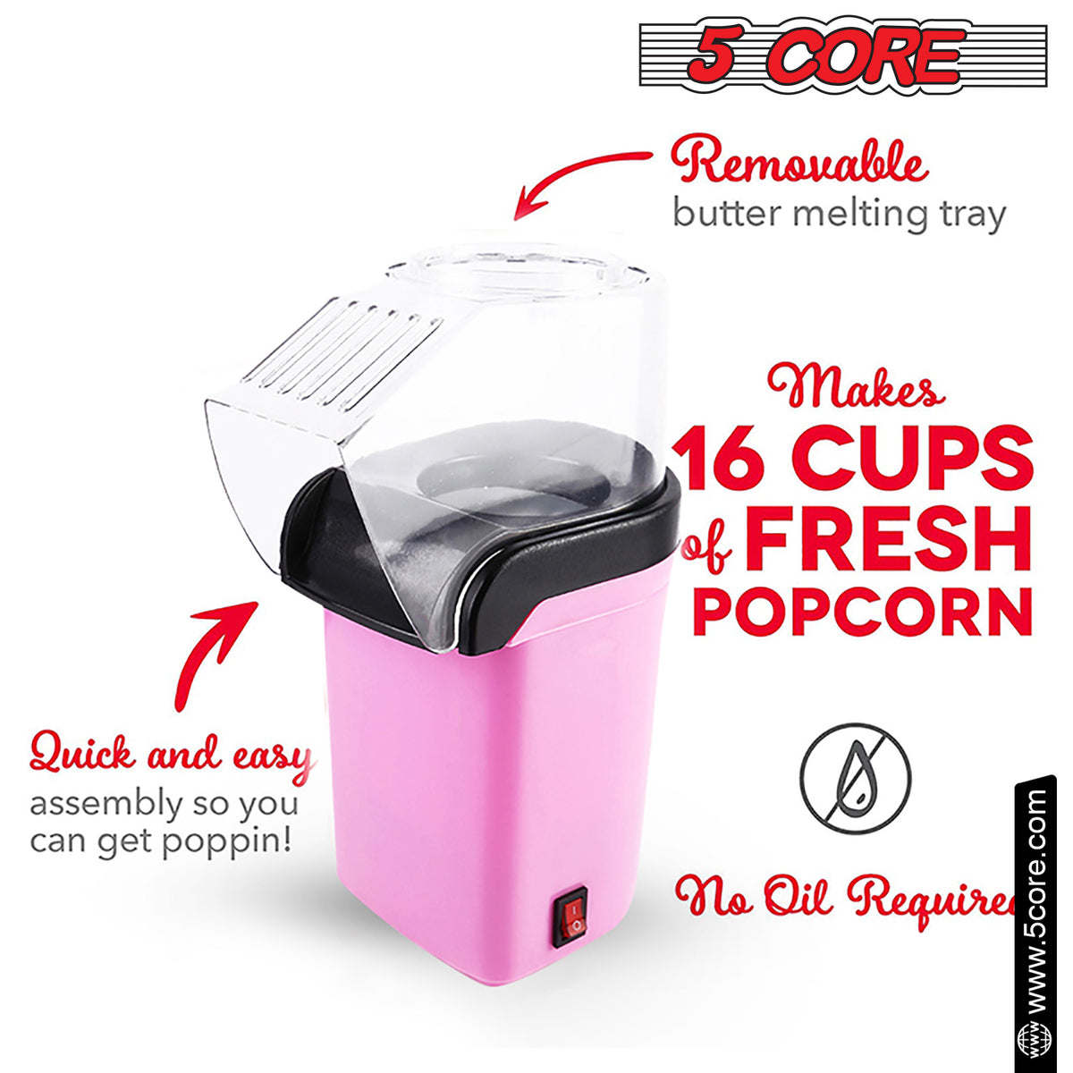 5 Core Popcorn Machine 16 Cup Capacity Hot Air Popper Mini Portable Tabletop Electric Pop Corn Maker Maquina Para Hacer Palomitas De Maiz For Home Movie Party