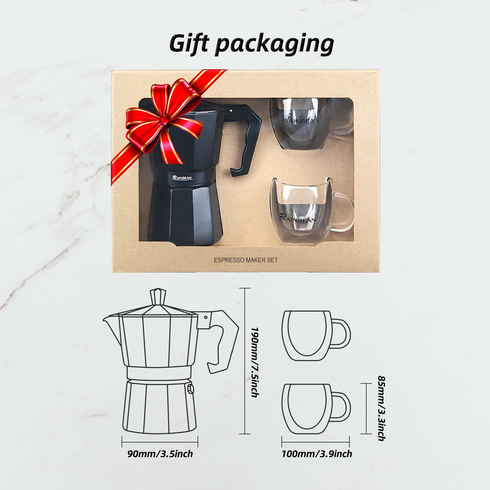 Stovetop Espresso Maker RAINBEAN 6-Cup Espresso Cup Moka Pot Classic Cafe Maker Percolator Italian Coffee Maker Italian Espresso for Gas or Electric Aluminum Black Gift package with 2 Mugs (12 OZ / 35