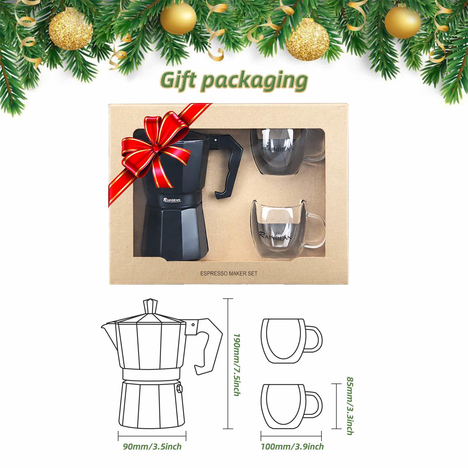 Stovetop Espresso Maker RAINBEAN 6-Cup Espresso Cup Moka Pot Classic Cafe Maker Percolator Italian Coffee Maker Italian Espresso for Gas or Electric Aluminum Black Gift package with 2 Mugs (12 OZ / 35