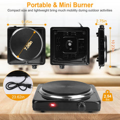 1500W Electric Single Burner Portable Heating Hot Plate Stove Countertop RV Hotplate with Non Slip Rubber Feet 5 Temperature Adjustments