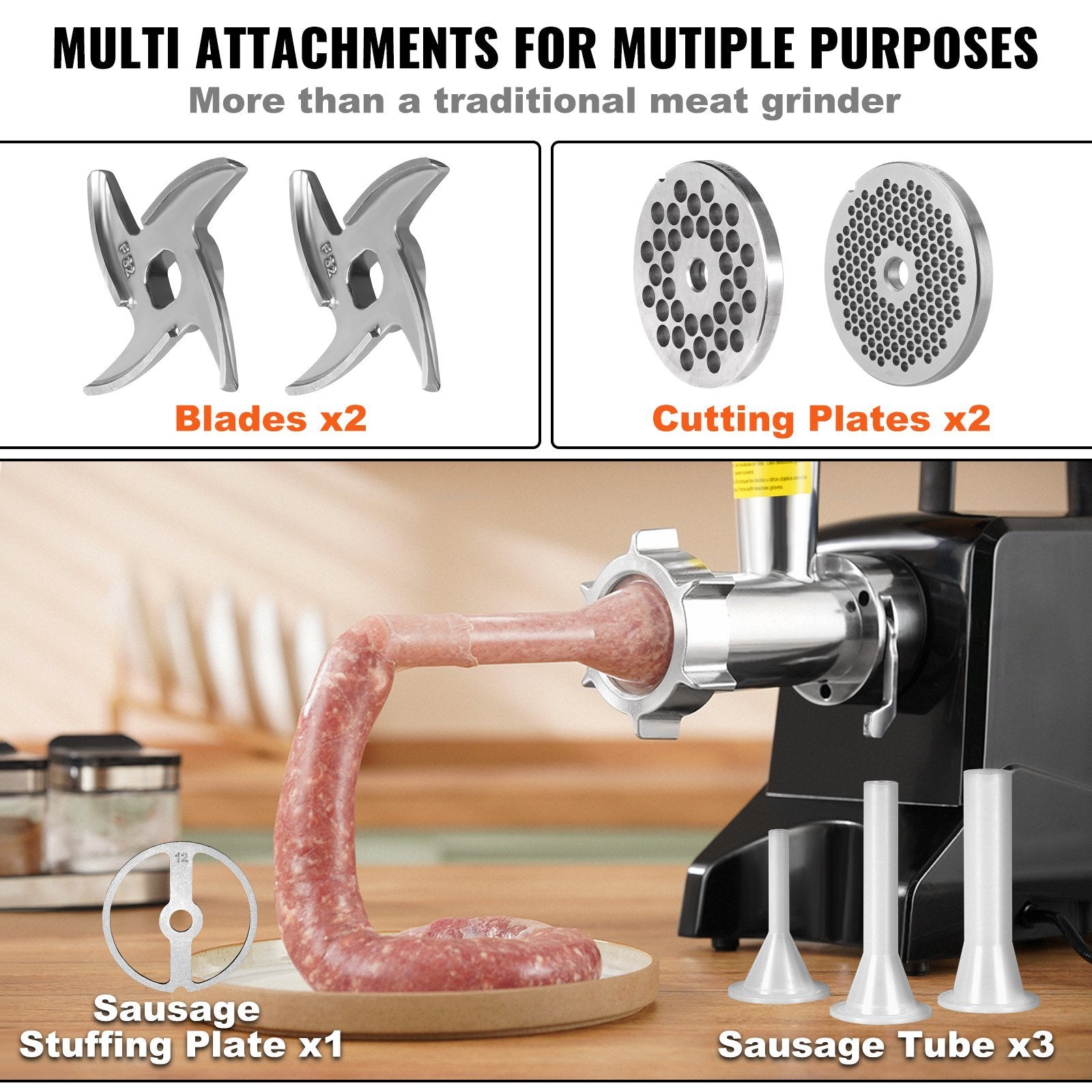 VEVOR Electric Meat Grinder, 419 Lb/H Capacity, 575W(1100W MAX) Industrial Meat Mincer w/ 2 Blade, 3 Grinding Plates, Sausage Maker Die-cast Aluminum Commercial Meat Grinder, ETL Listed