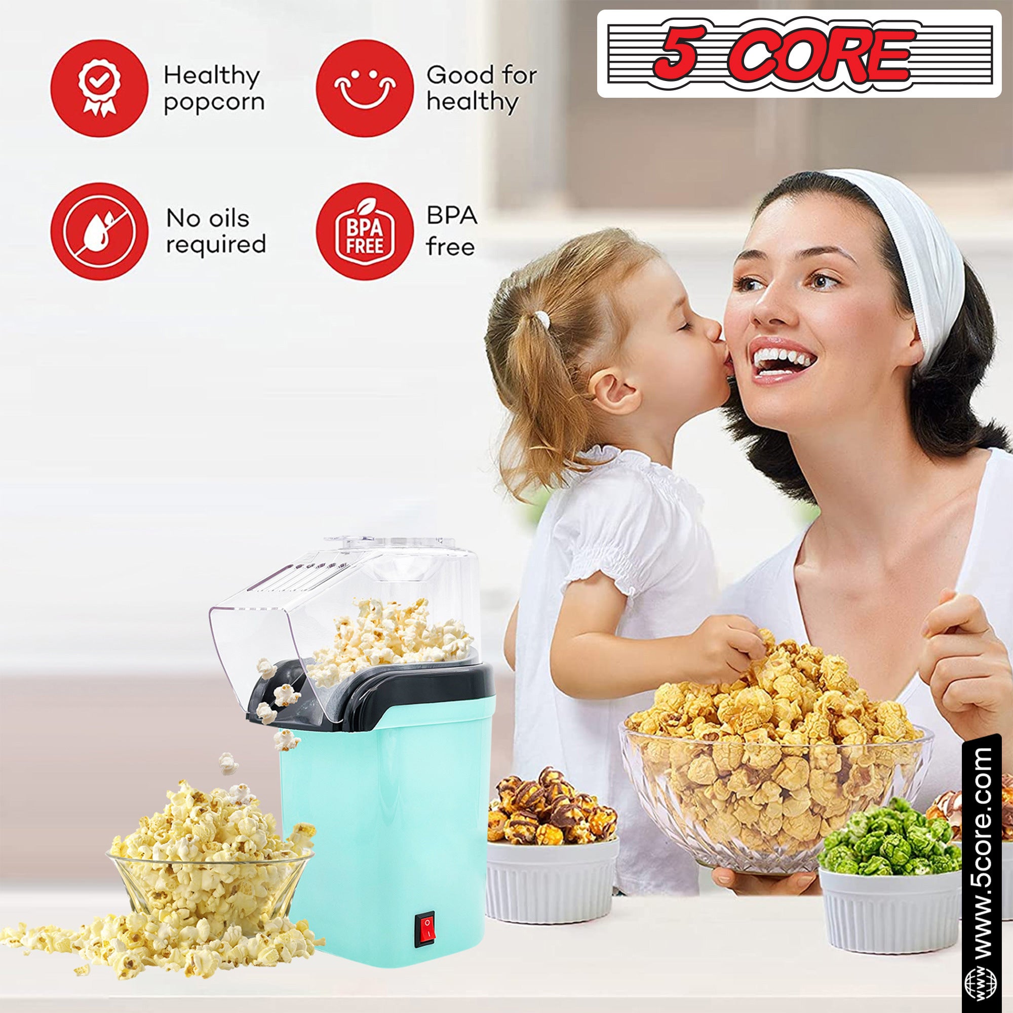 5 Core Popcorn Machine 16 Cup Capacity Hot Air Popper Mini Portable Tabletop Electric Pop Corn Maker Maquina Para Hacer Palomitas De Maiz For Home Movie Party