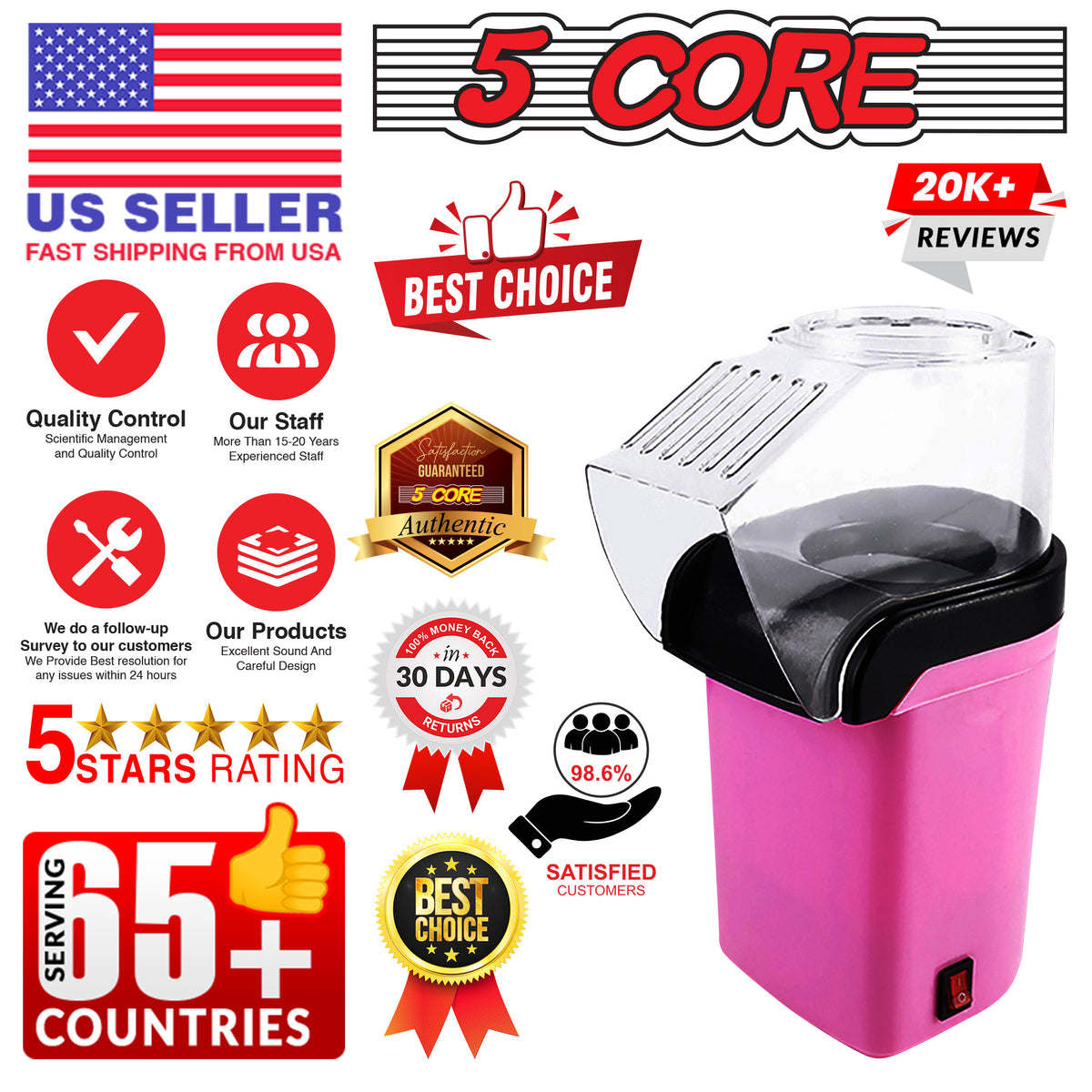 5 Core Popcorn Machine 16 Cup Capacity Hot Air Popper Mini Portable Tabletop Electric Pop Corn Maker Maquina Para Hacer Palomitas De Maiz For Home Movie Party