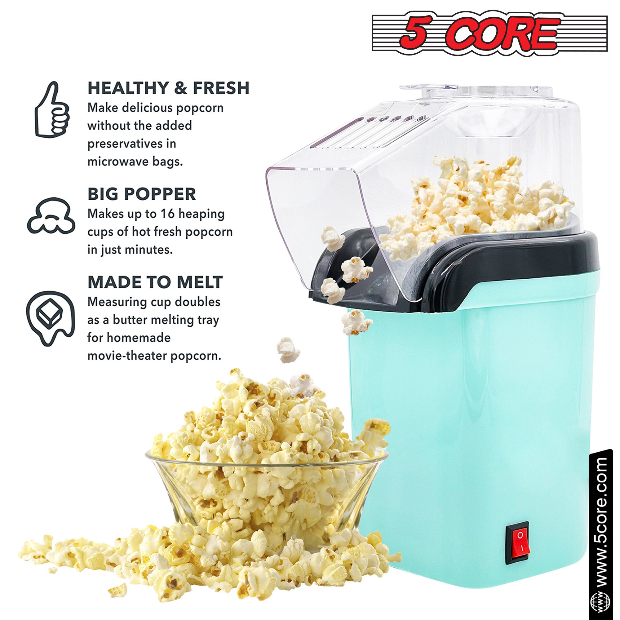 5 Core Popcorn Machine 16 Cup Capacity Hot Air Popper Mini Portable Tabletop Electric Pop Corn Maker Maquina Para Hacer Palomitas De Maiz For Home Movie Party