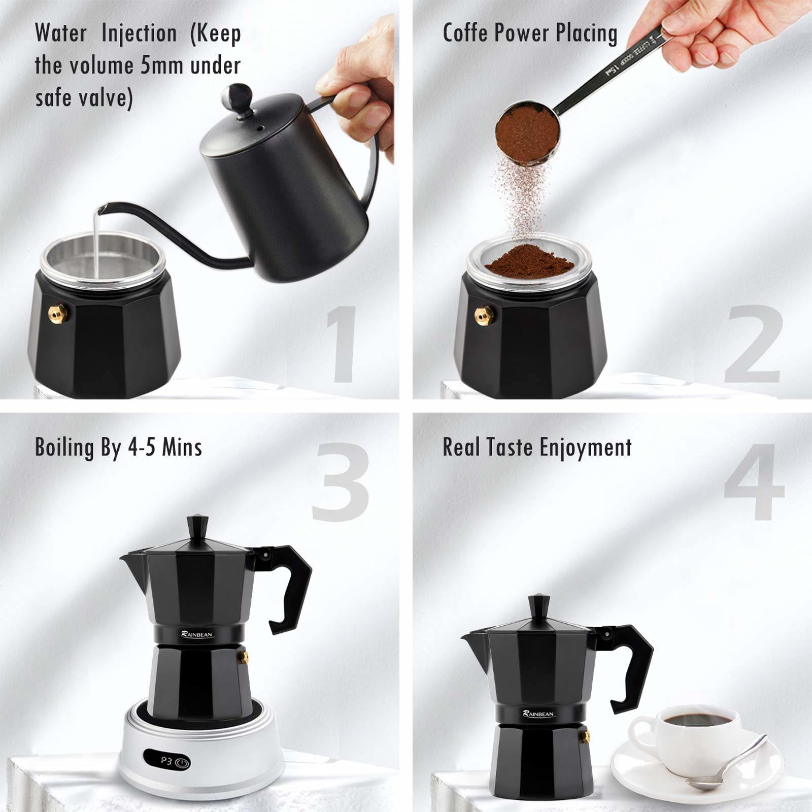 Stovetop Espresso Maker RAINBEAN 6-Cup Espresso Cup Moka Pot Classic Cafe Maker Percolator Italian Coffee Maker Italian Espresso for Gas or Electric Aluminum Black Gift package with 2 Mugs (12 OZ / 35