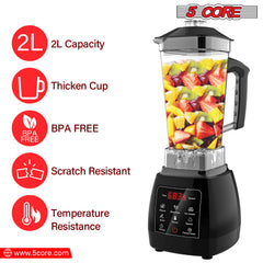 5 Core 2L Professional Countertop Blender Touch Screen For Kitchen 68 Oz 2000W High Speed BPA Free 6 Titanium Blade Smoothie Blender Electric For Soup Shake Juice Multi-Speed Digital JB 2000 D