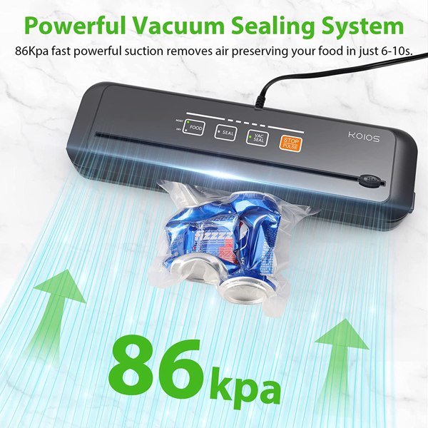 KOIOS Vacuum Sealer Machine, 86Kpa Automatic Vacuum Air food sealer/Built-in Cutter Starter Kit, Dry & Moist Food Preservation Modes, Pulse Function, LED Indicator Lights, Black