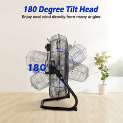 12in Floor Fan Copper Motor High-Velocity Industrial Fan with 3 Adjustable Speeds 180 Degree Tilt Head Easy Carry Handle Fan