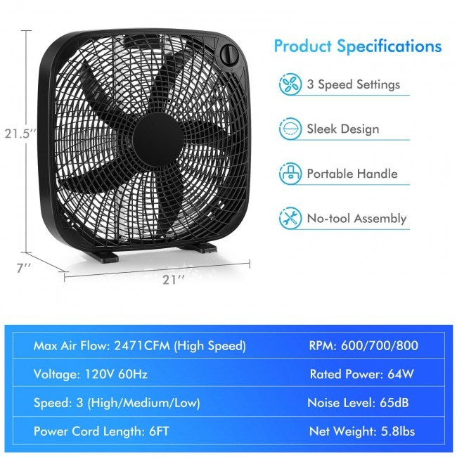 20 Inch Box Portable Floor Fan with 3 Speed Settings and Knob Control