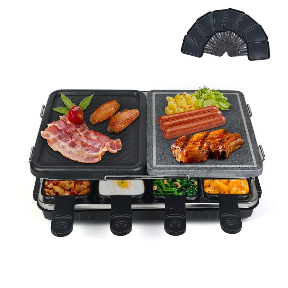 Dual Raclette Table Grill w Non-Stick Grilling Plate & Cooking Stone- 8 Person Electric Tabletop Cooker for Korean BBQ- Melt Cheese, Cook Meat & Veggies at Once