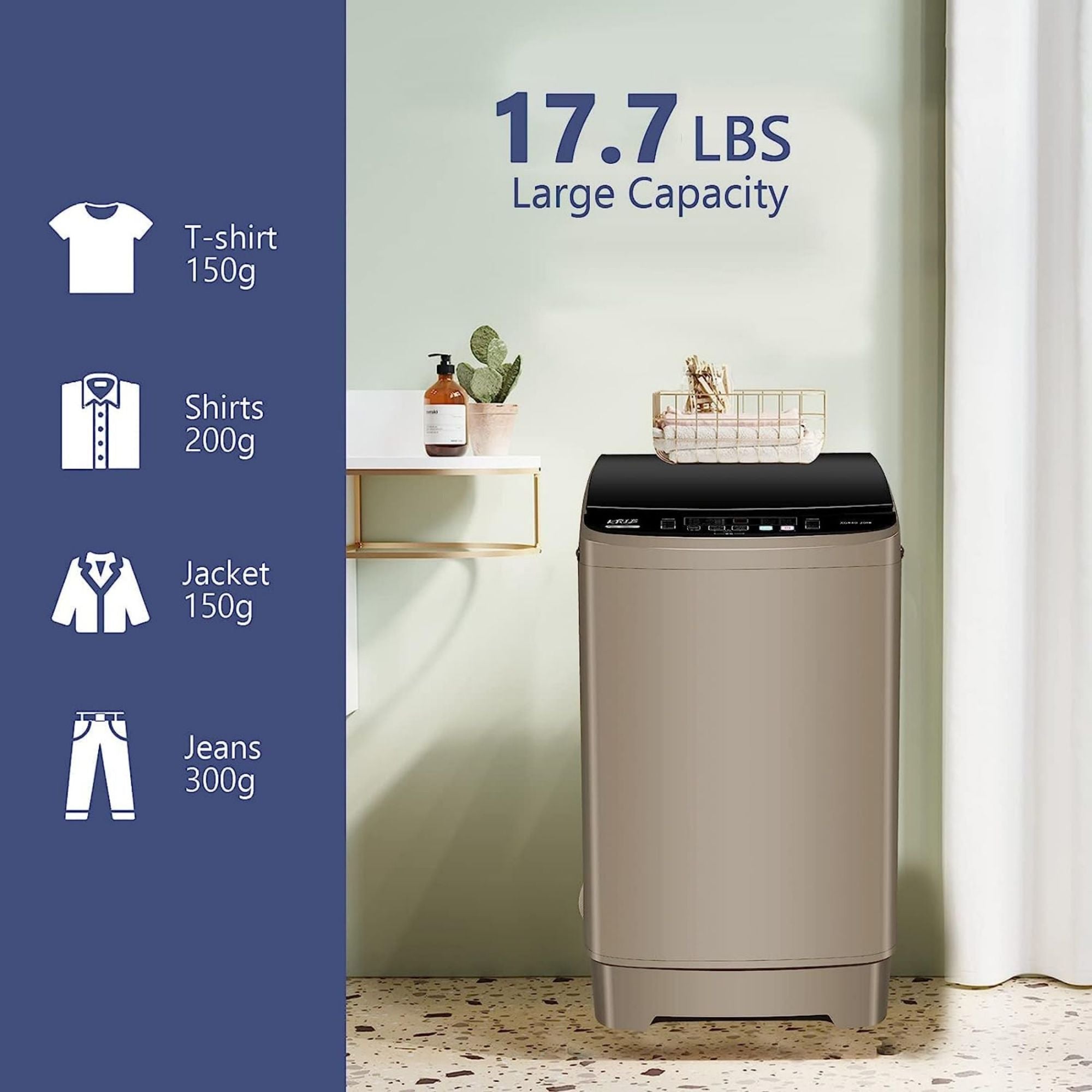 Full-Automatic Washing Machine with LED Display, 17.7 lbs Portable Compact Laundry Washer with Drain Pump, 10 Wash Programs 8 Water Levels, Grey/Gold