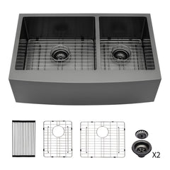 Gunmetal Black Double Bowl (60/40) Farmhouse Sink- 33"x21"x10"Stainless Steel Apron Front Kitchen Sink 16 Gauge with Two 10" Deep Basin