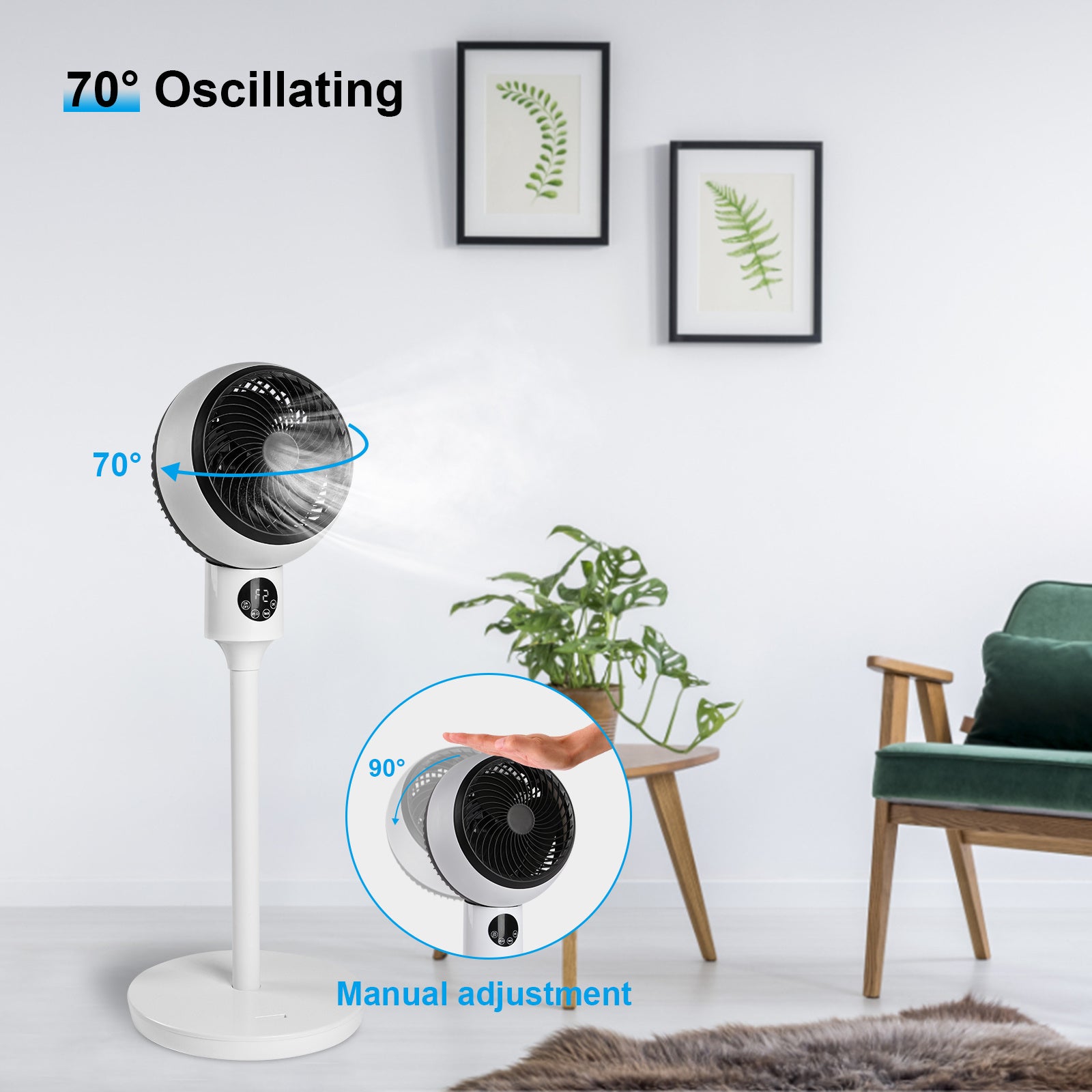 Circulating Stand Fan for Home Bedroom with Remote, Standing Fans Ocillation 70°, Pedestal Fan 3 Speeds,3 Modes,15Hour Timing, LED Display, for Indoor, Bedroom and Home Office, 7 Inch,White