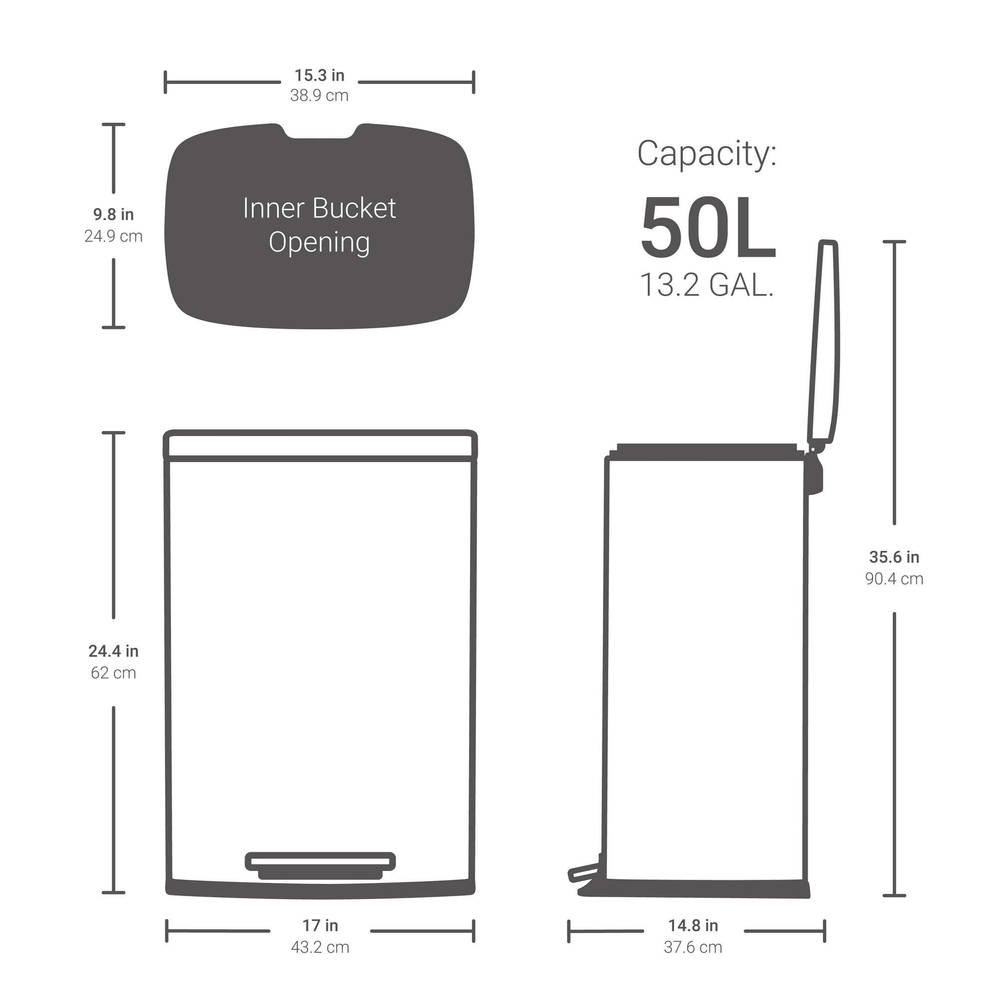 Rectangular Step Garbage Can 3 Piece Combo, 13.2 gal , Two 1.3 gal, Stainless Steel