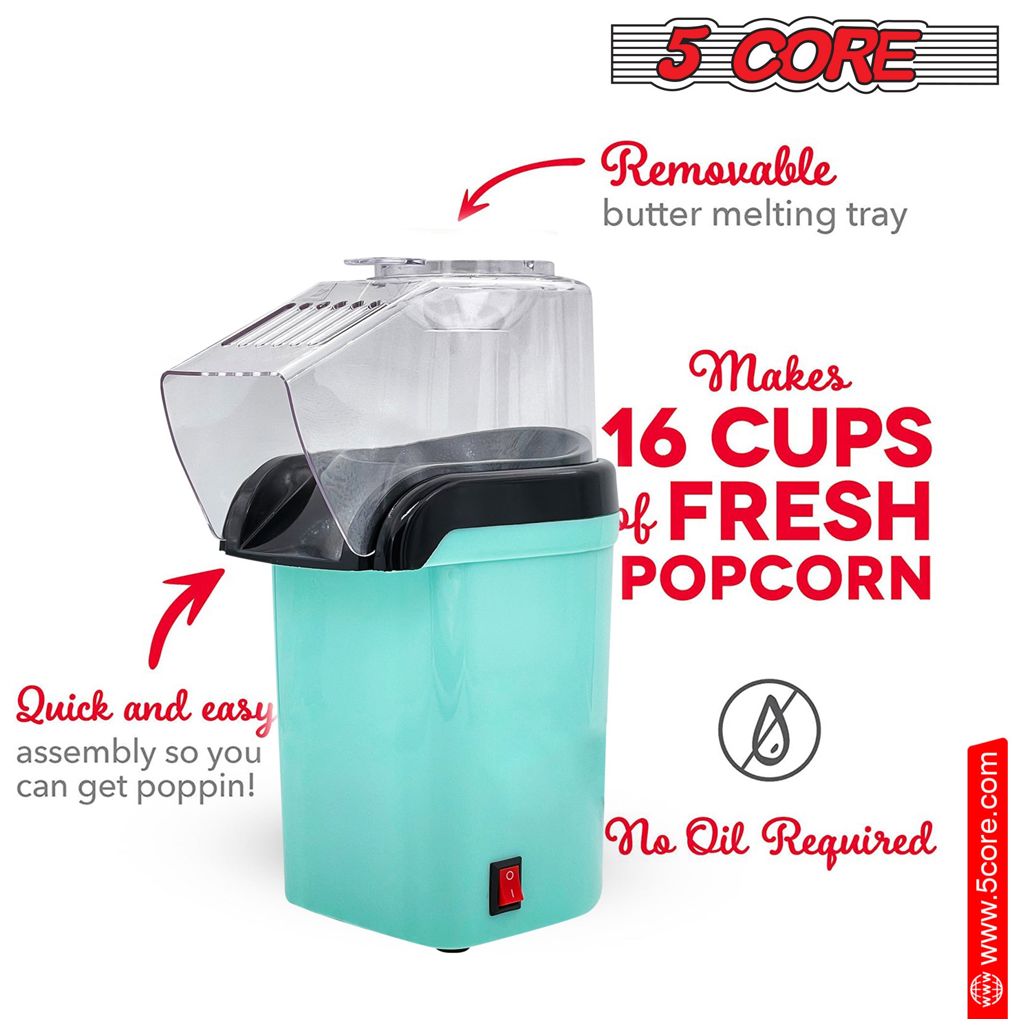 5 Core Popcorn Machine 16 Cup Capacity Hot Air Popper Mini Portable Tabletop Electric Pop Corn Maker Maquina Para Hacer Palomitas De Maiz For Home Movie Party