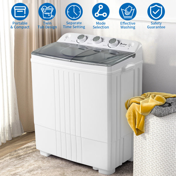 Twin Tub with Built-in Drain Pump XPB45-428S 20Lbs Semi-automatic Twin Tube Washing Machine for Apartment, Dorms, RVs, Camping and More, White&grey US Standard