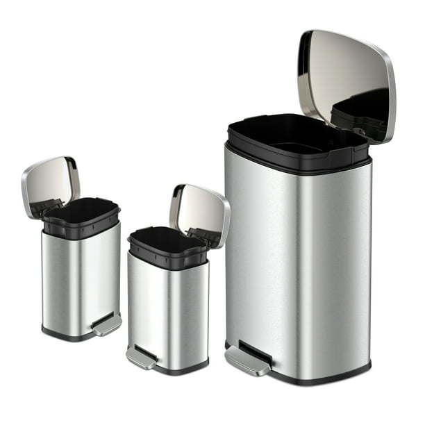 Rectangular Step Garbage Can 3 Piece Combo, 13.2 gal , Two 1.3 gal, Stainless Steel