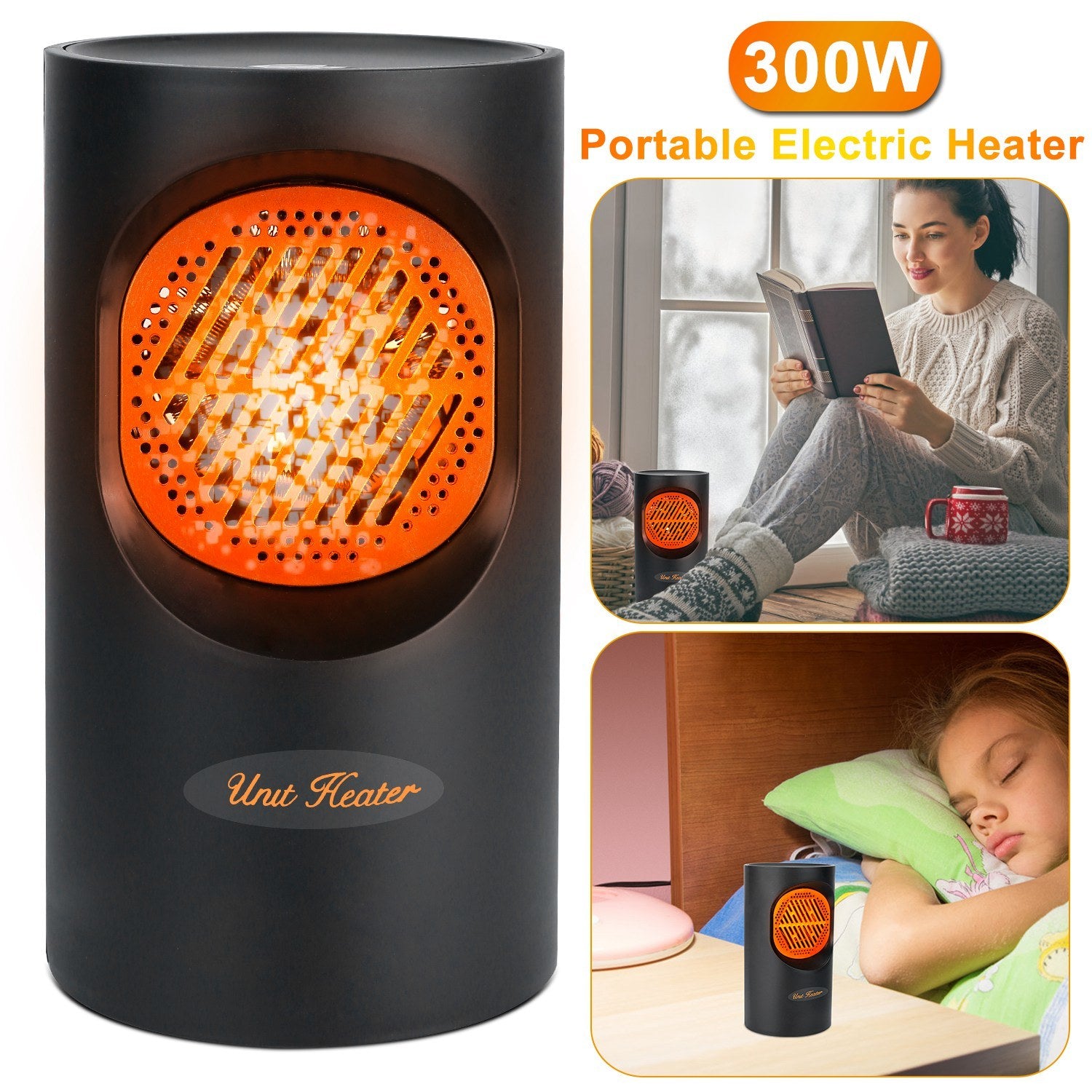 300W Portable Electric Heater Mini Heating Unit Fan Portable Floor Desktop Air Fan Heater