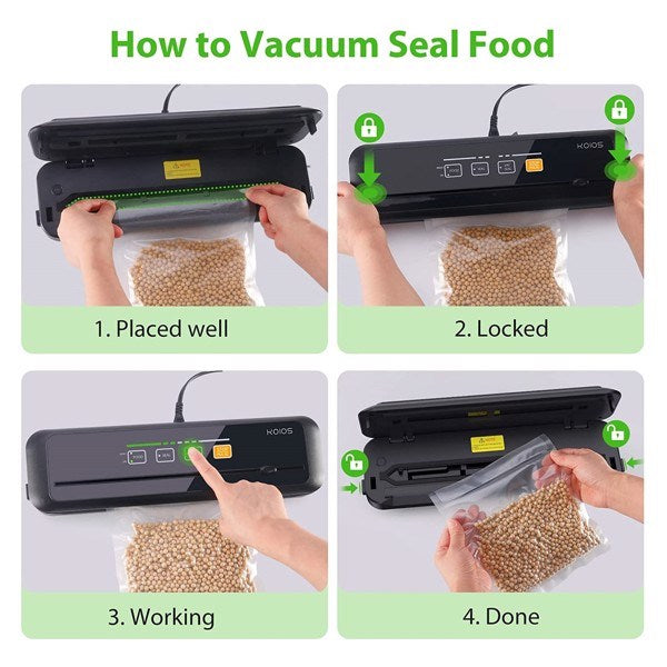 KOIOS Vacuum Sealer Machine, 86Kpa Automatic Vacuum Air food sealer/Built-in Cutter Starter Kit, Dry & Moist Food Preservation Modes, Pulse Function, LED Indicator Lights, Black