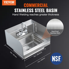 VEVOR Commercial Hand Sink with Faucet and Side Splash, NSF Stainless Steel Sink for Washing, Small Hand Washing Sink, Wall Mount Hand Basin for Restaurant, Kitchen, Bar, Garage and Home