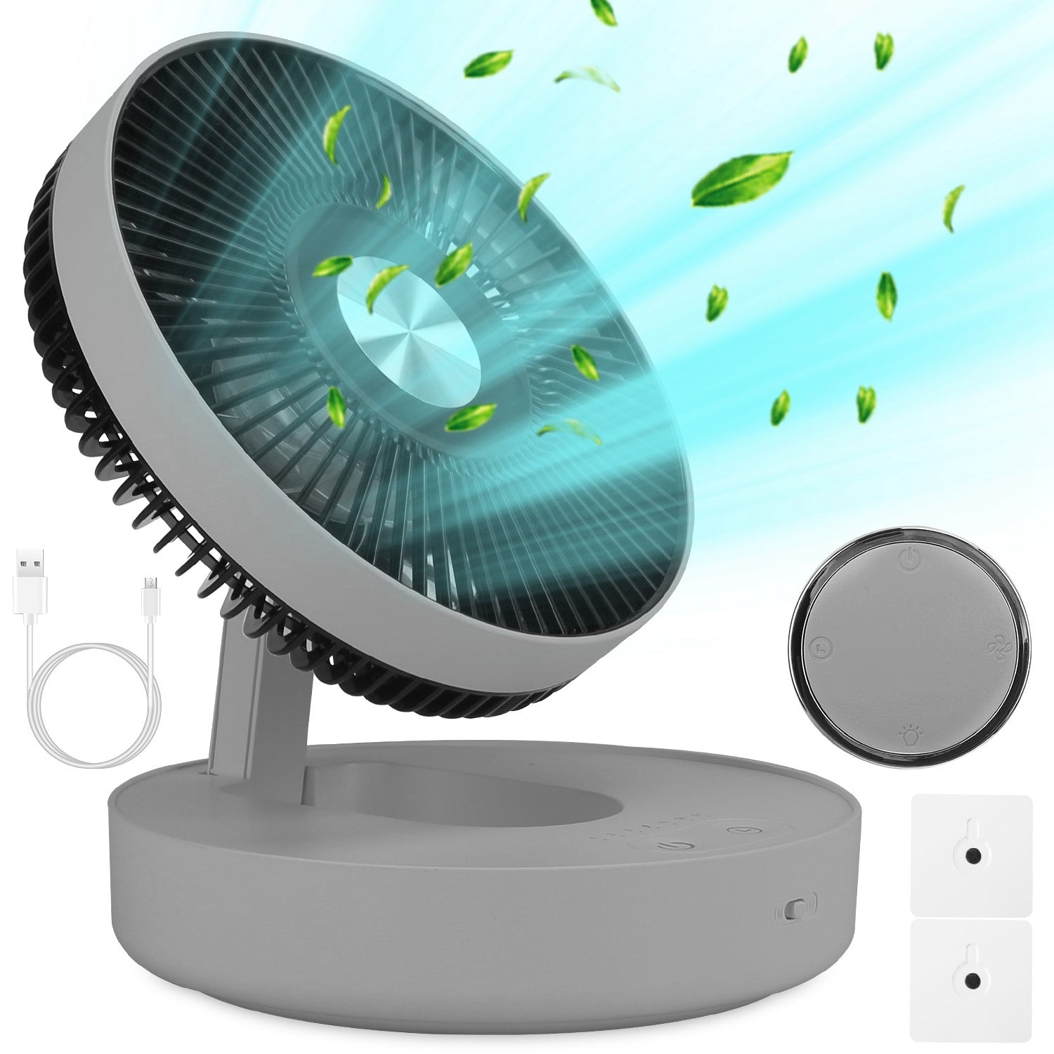 Foldable Rechargeable LED Desk Fan Wall Mounted Fan with Magnetic Remote Hanging Oscillating Fan with 4 Speeds 2 Brightness Time Setting Automatic Rotation