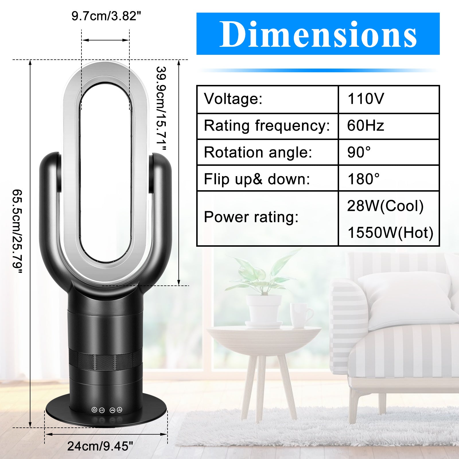 HealSmart 26-inch Space Heater Bladeless Tower Fan, Heater & Coolingn Combo, with Remote Control, for Home Air Conditioner, black