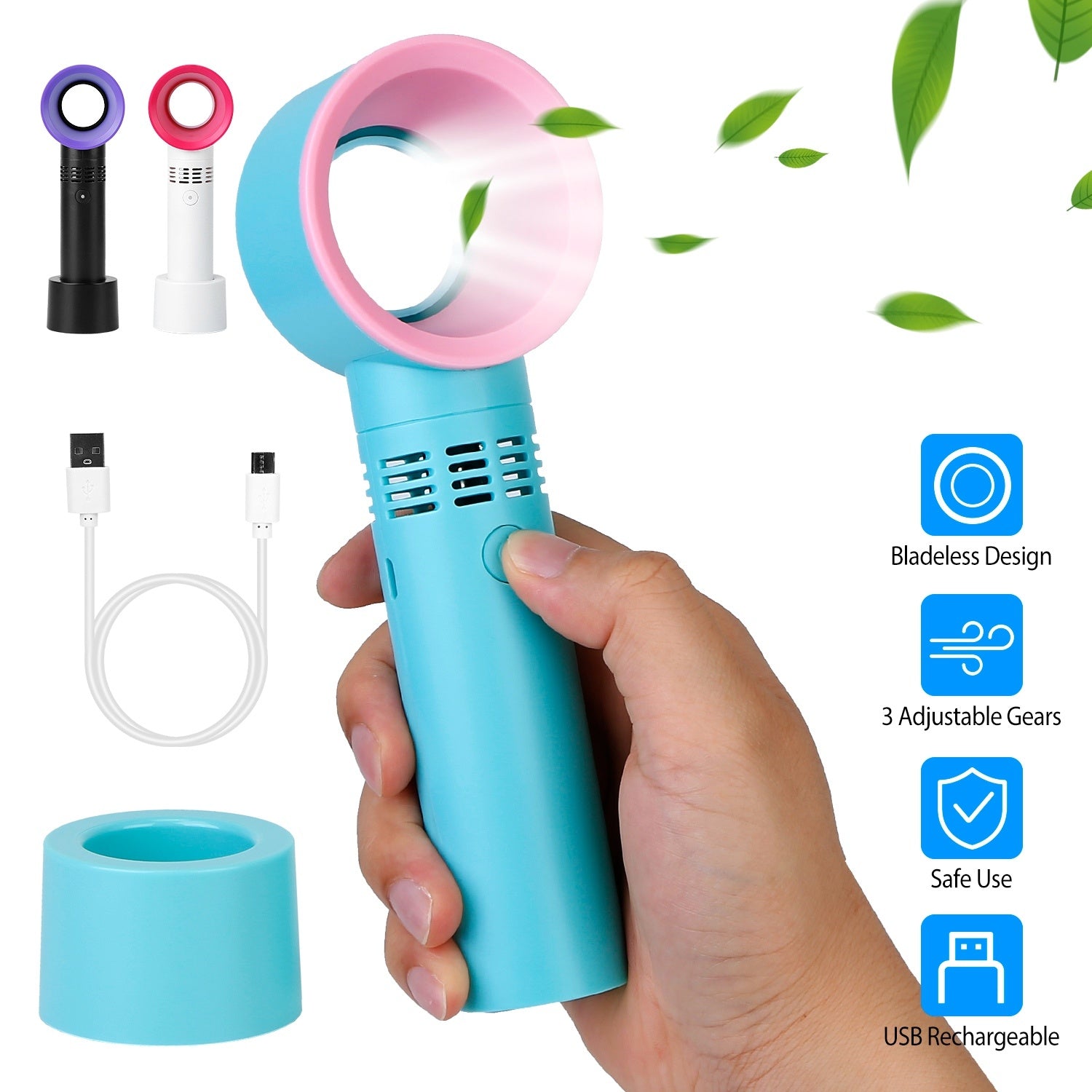 Portable Handheld Bladeless Fan Rechargeable Cooling USB Fan Desktop Use Fan w/ 3 Gears LED Indicator Cooling Fan