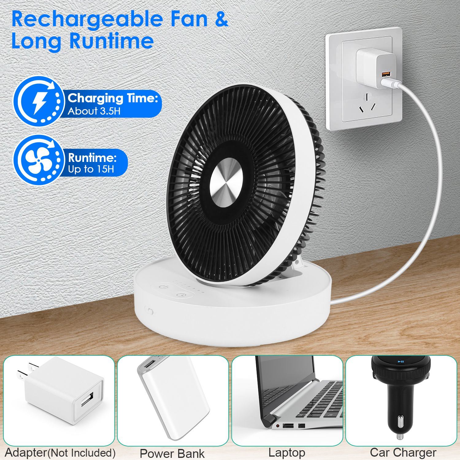 Foldable Rechargeable LED Desk Fan Wall Mounted Fan with Magnetic Remote Hanging Oscillating Fan with 4 Speeds 2 Brightness Time Setting Automatic Rotation