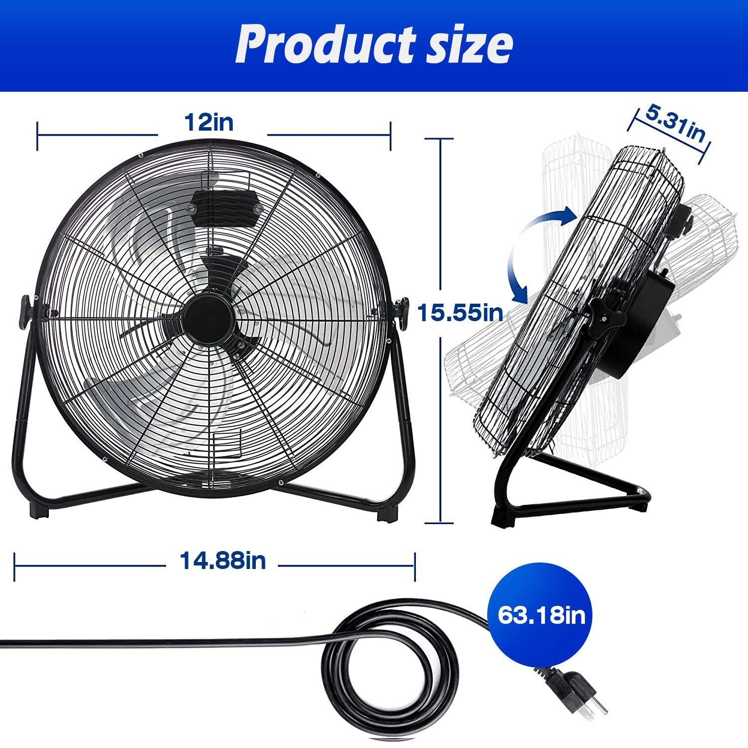 12in Floor Fan Copper Motor High-Velocity Industrial Fan with 3 Adjustable Speeds 180 Degree Tilt Head Easy Carry Handle Fan