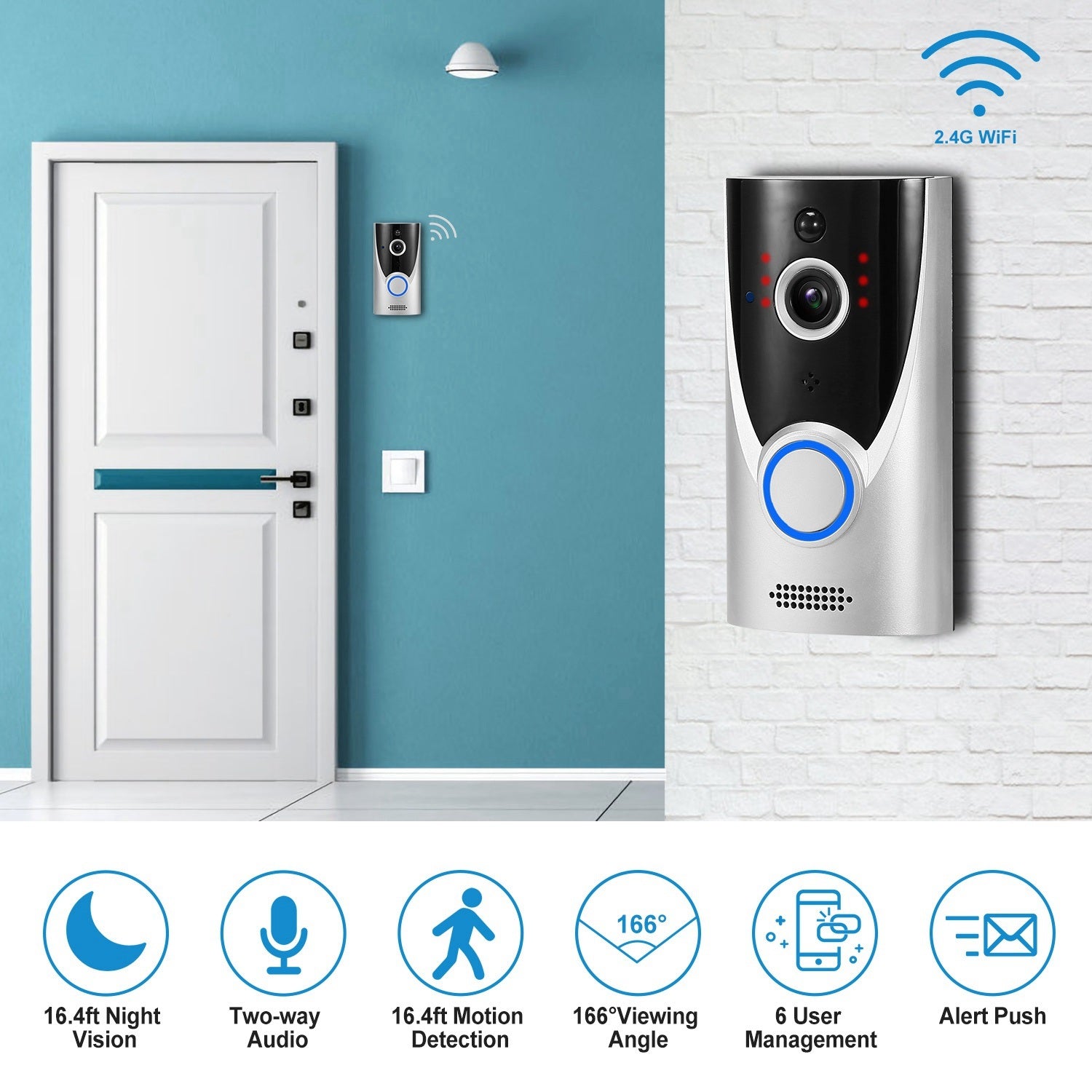 WiFi Video Doorbell Wireless Door Bell 720P HD WiFi Security Camera with Two-way Talk PIR Motion