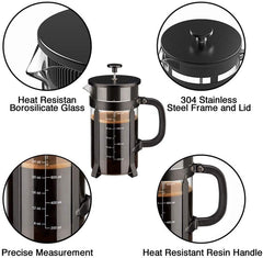 French Press Coffee Maker - 4 Level Filtration System - 304 Grade Stainless Steel - Heat Resistant Borosilicate Glass, 34 Oz, 8 Cup, Black