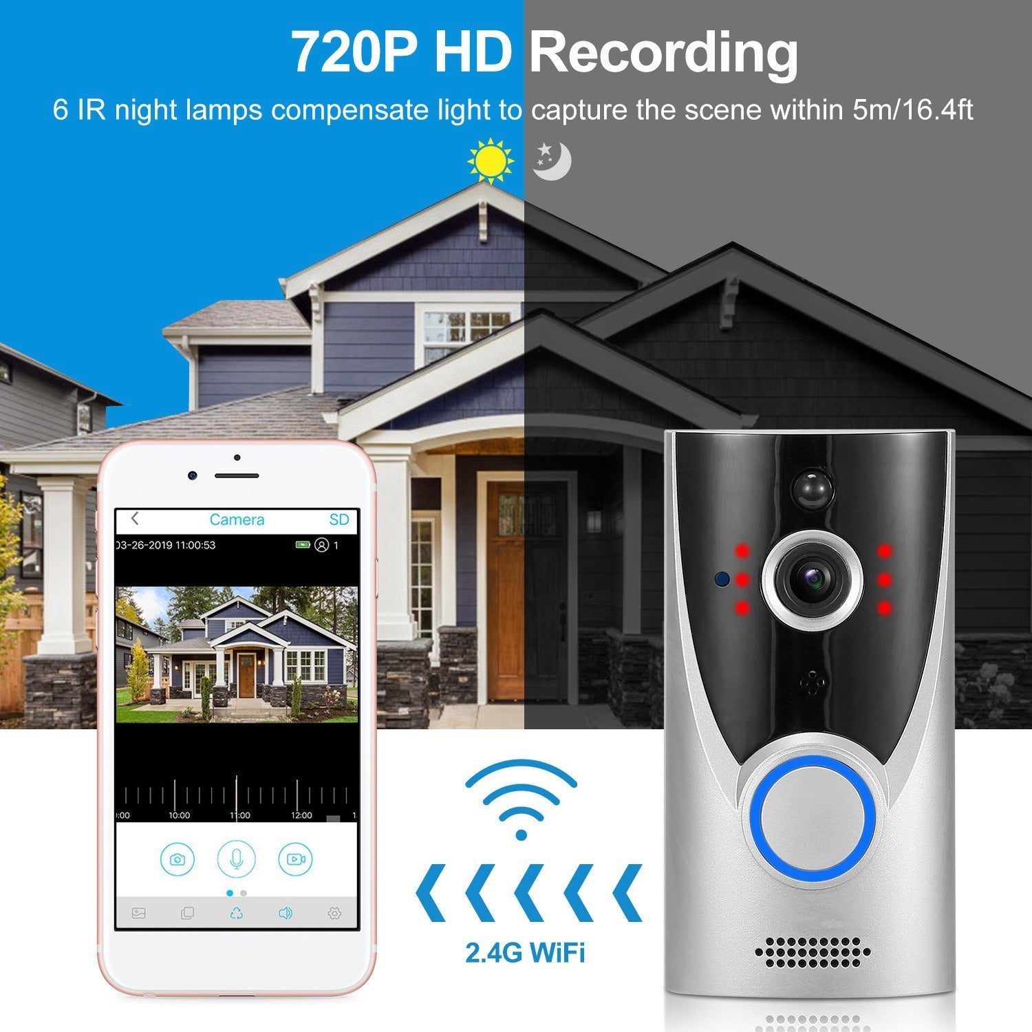 WiFi Video Doorbell Wireless Door Bell 720P HD WiFi Security Camera with Two-way Talk PIR Motion