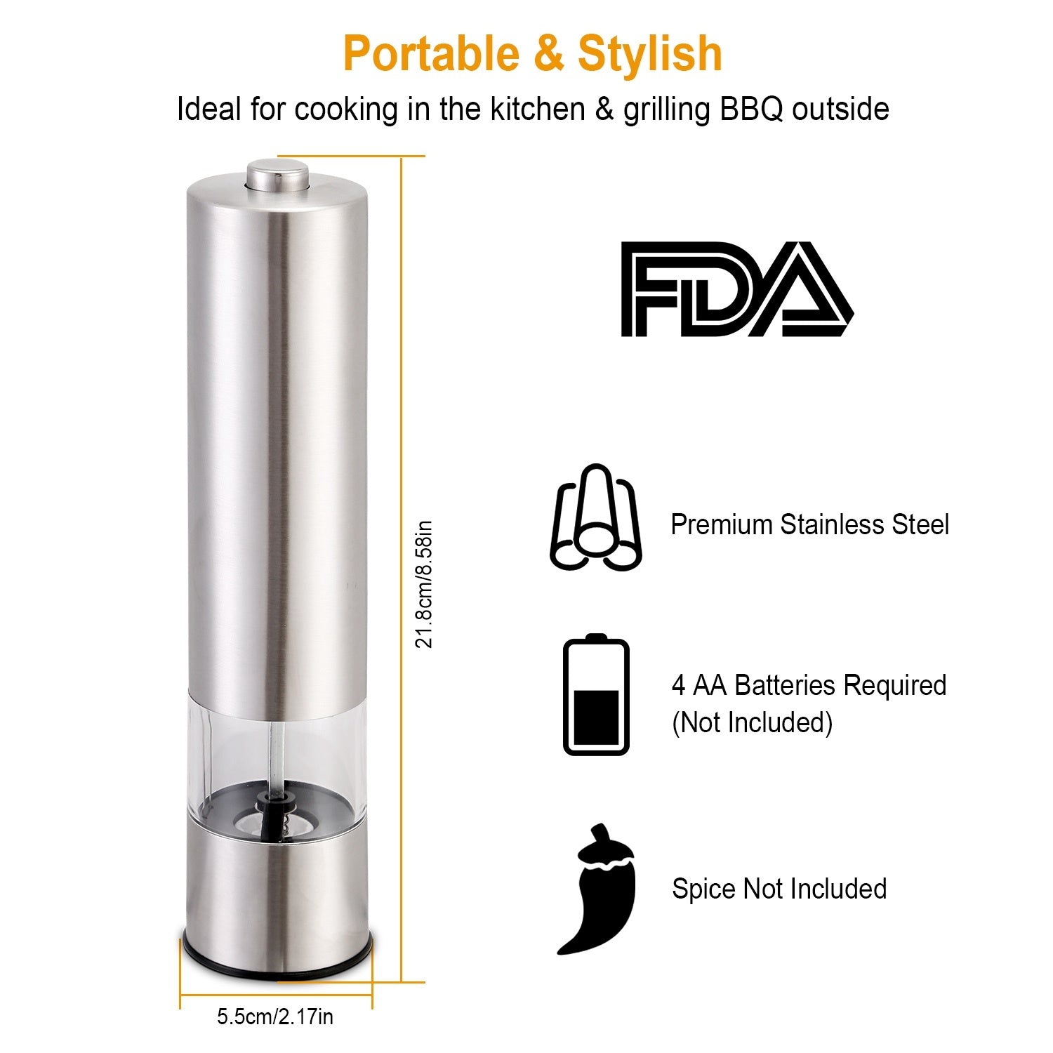 Electric Salt Pepper Grinder with Light Adjustable Coarseness Stainless Steel Salt Pepper Shaker