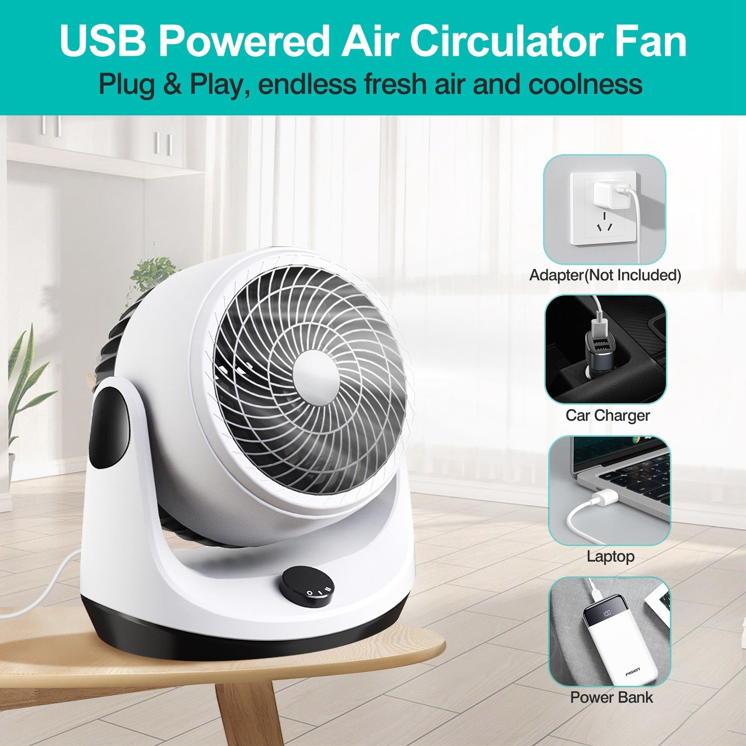 Table Desktop Fan Air Circulator Office Fan with 2 Speeds 270° Adjustable Head USB Plug Play for Room Office Kitchen Office